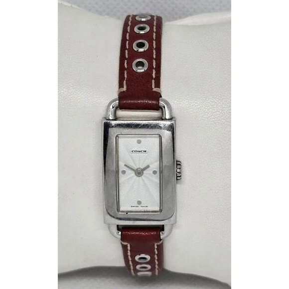 Women's Coach Petite Tank Silver Tone Red Leather Strap Watch 0219 14 - Picture 4 of 9